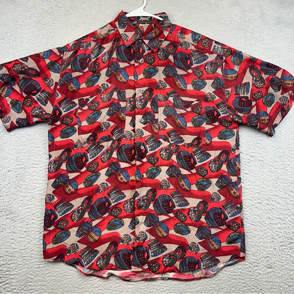 Impact Shirt Mens Medium Red Allover Print Silk Button Up Aztec‎ Pottery Casual
